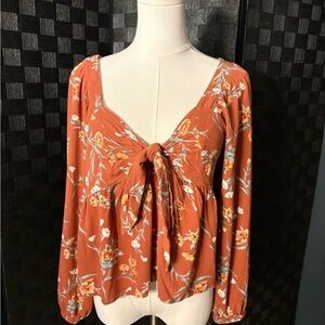 American Eagle Outfitters Rust Floral Tie-Front Blouse